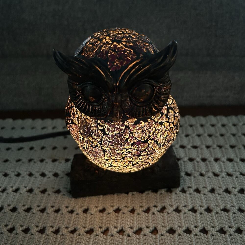 Vtg Tiffany Style Mosaic Stained Crackle Glass Owl Night Light Table Lamp 7"